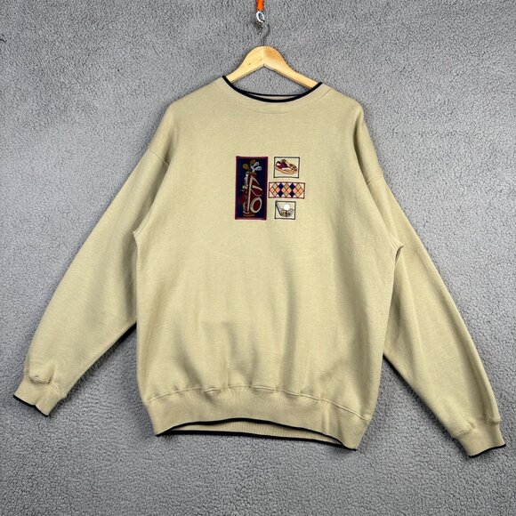 Vintage Sweater Mens Size Large Beige Golf Grandpa Embroidered Crew Neck Fleece - Picture 2 of 15